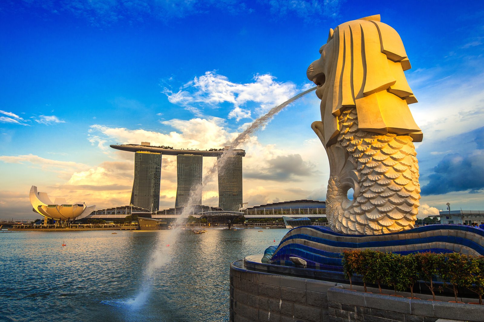 SINGAPORE – AUG 9 ,2017 : Merlion statue and cityscape in Singap